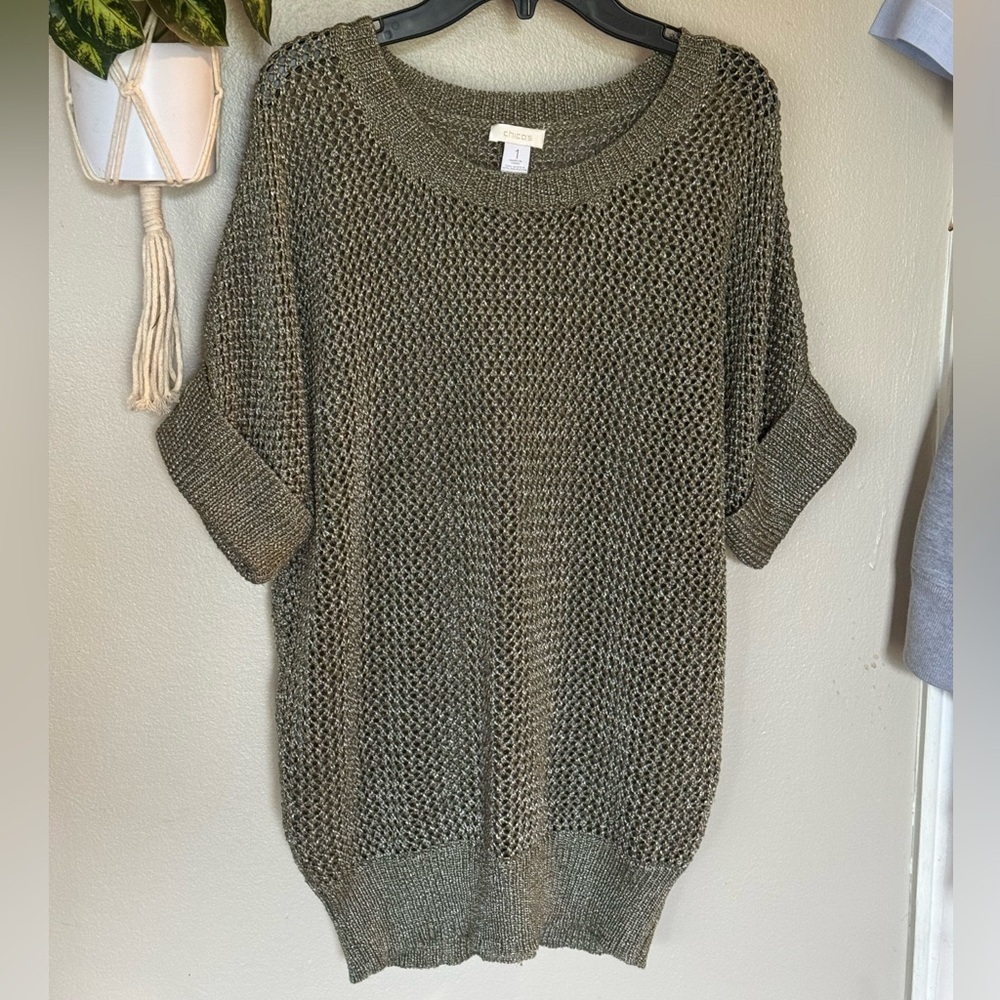 Chico’s Olive Green Open Knit Dolman Sleeve Sweater. Size 1.
